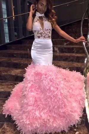 pink feather white illusion lace trumpet prom gown