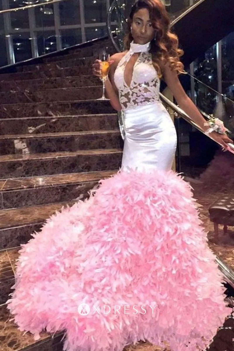 white illusion lace pink feather trumpet prom gown white illusion lace pink feather trumpet prom gown