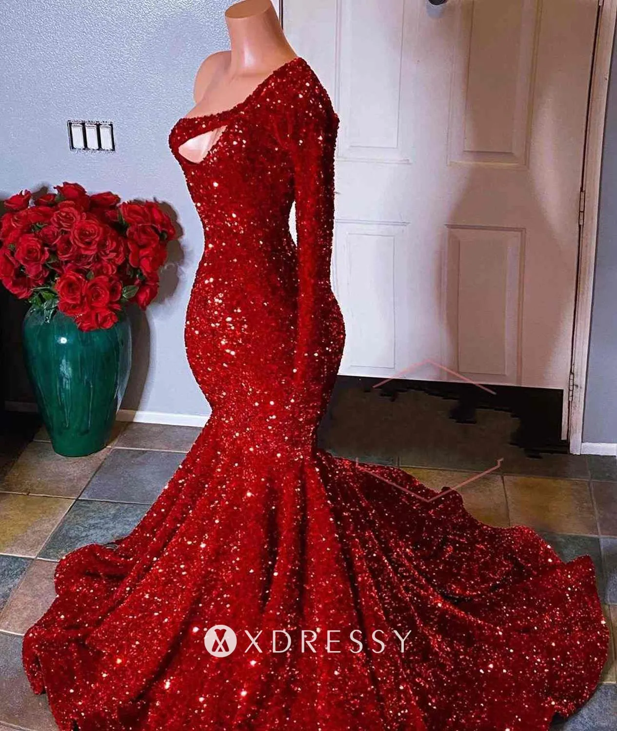 red sequin one shoulder sleeve trumpet prom dress