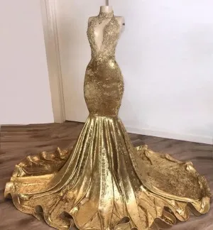 gold velvet beaded sheer bodice trumpet prom dress