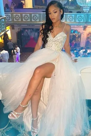 nude satin tulle spaghetti straps slit prom gown