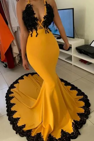 black lace mango spandex V neck mermaid prom dress