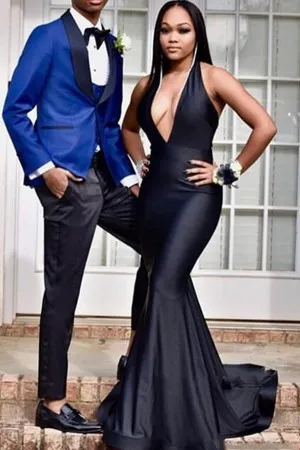 black satin plunging neck mermaid simple prom gown