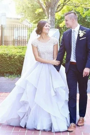 cap sleeve grey lace organza engagement ball gown