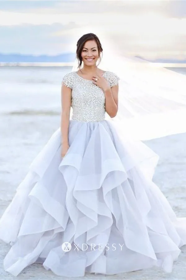 grey lace organza flanged engagement ball gown