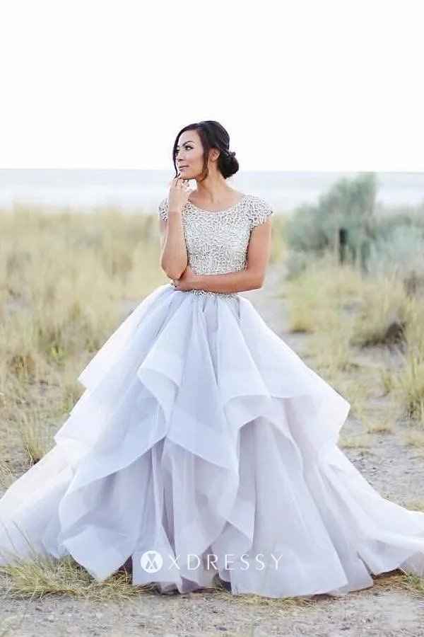 grey lace organza long engagement ball gown