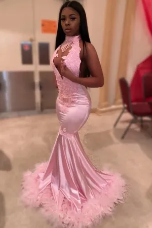 Pink Lace Satin Feather Halter Mermaid Prom Gown