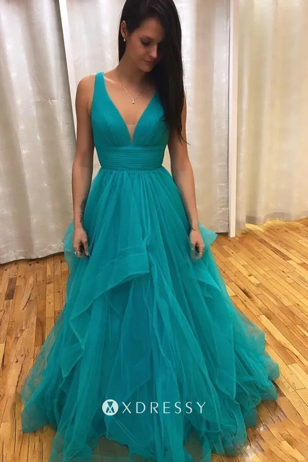V neck emerald tulle flounced prom dress