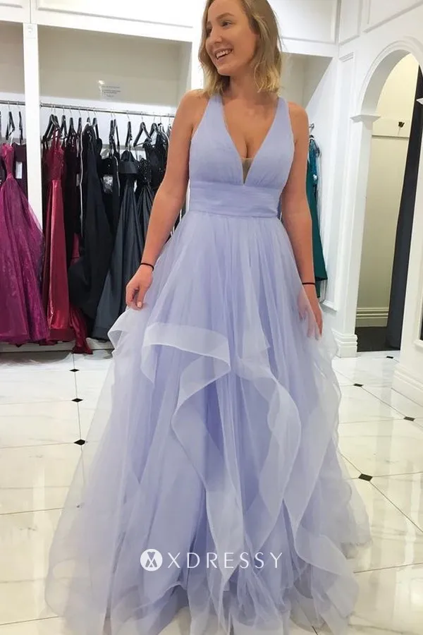 strappy back baby blue tulle flounced prom dress