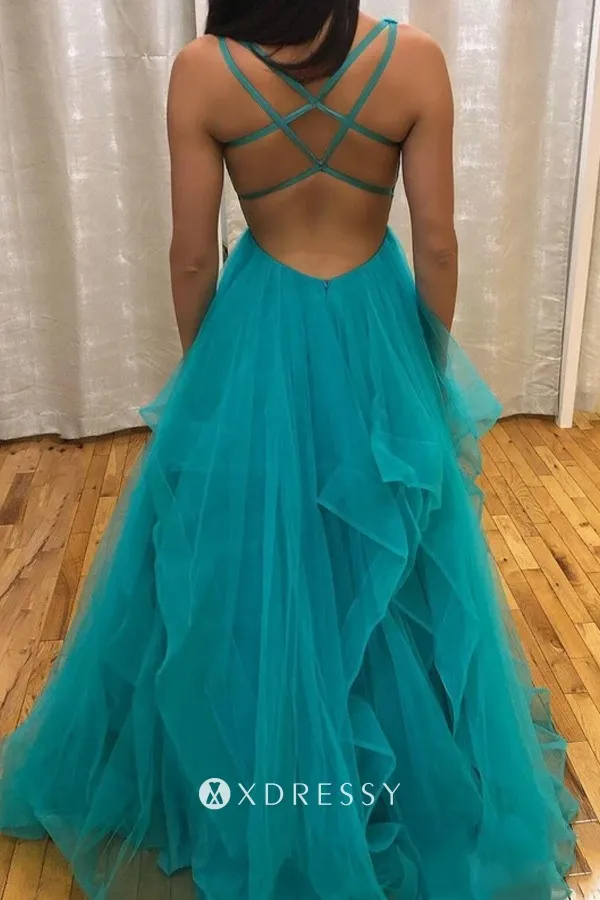 strappy back emerald tulle flounced prom dress