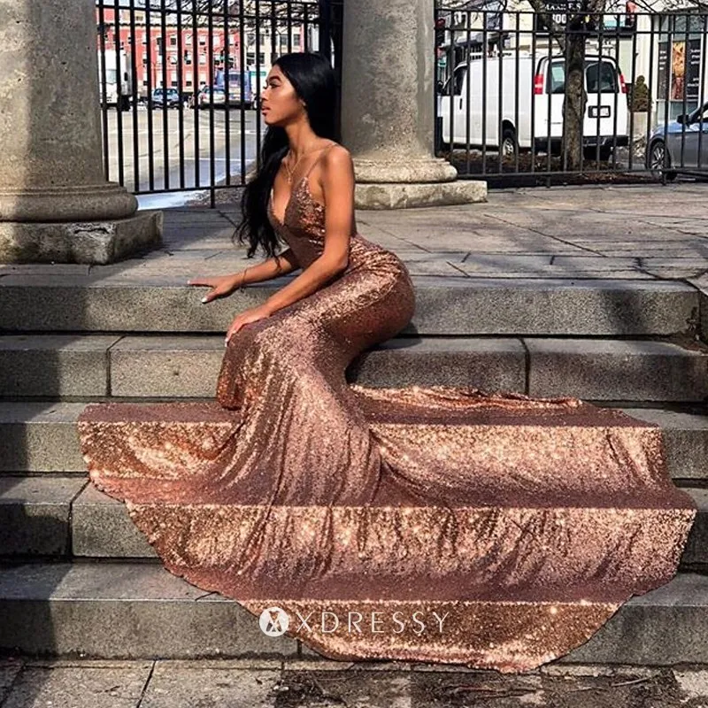 Gold Sequin Mermaid Prom Dress with 