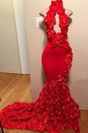 flowers high neck cut out red 3D rose prom dress