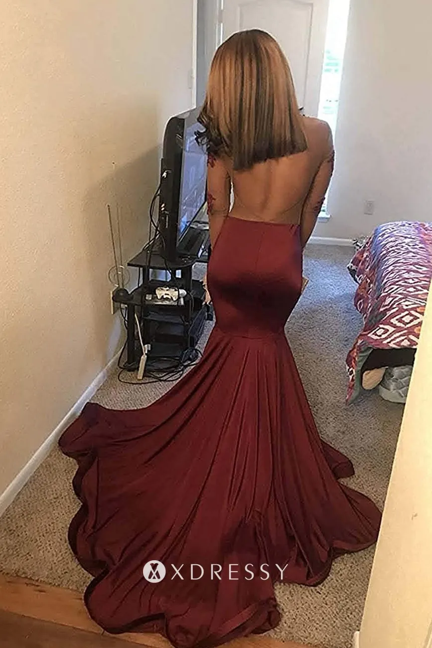 illusion lace long sleeve maroon satin prom dress with medium train illusion lace long sleeve maroon satin prom dress with medium train