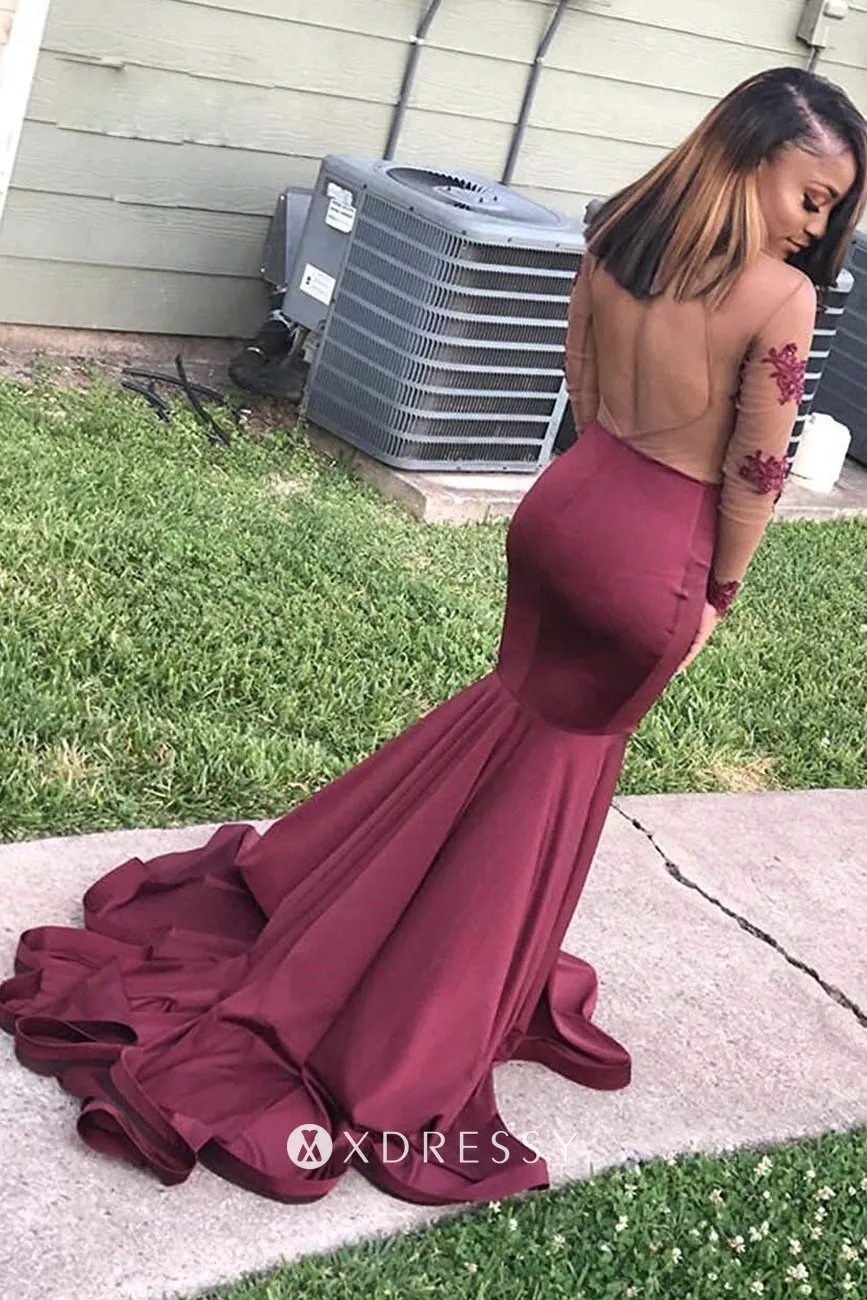 illusion open back long sleeve maroon satin prom dress illusion open back long sleeve maroon satin prom dress