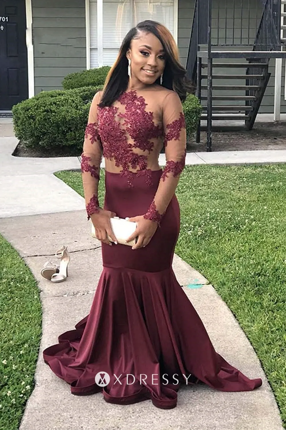 Illusion Lace Long Sleeve Maroon Satin 