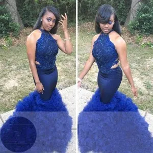 navy blue lace satin ruffled organza prom dress