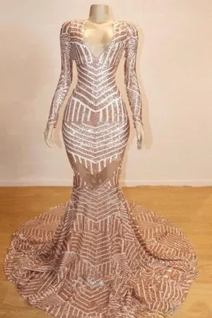rose gold sequin long sleeve mermaid prom dress