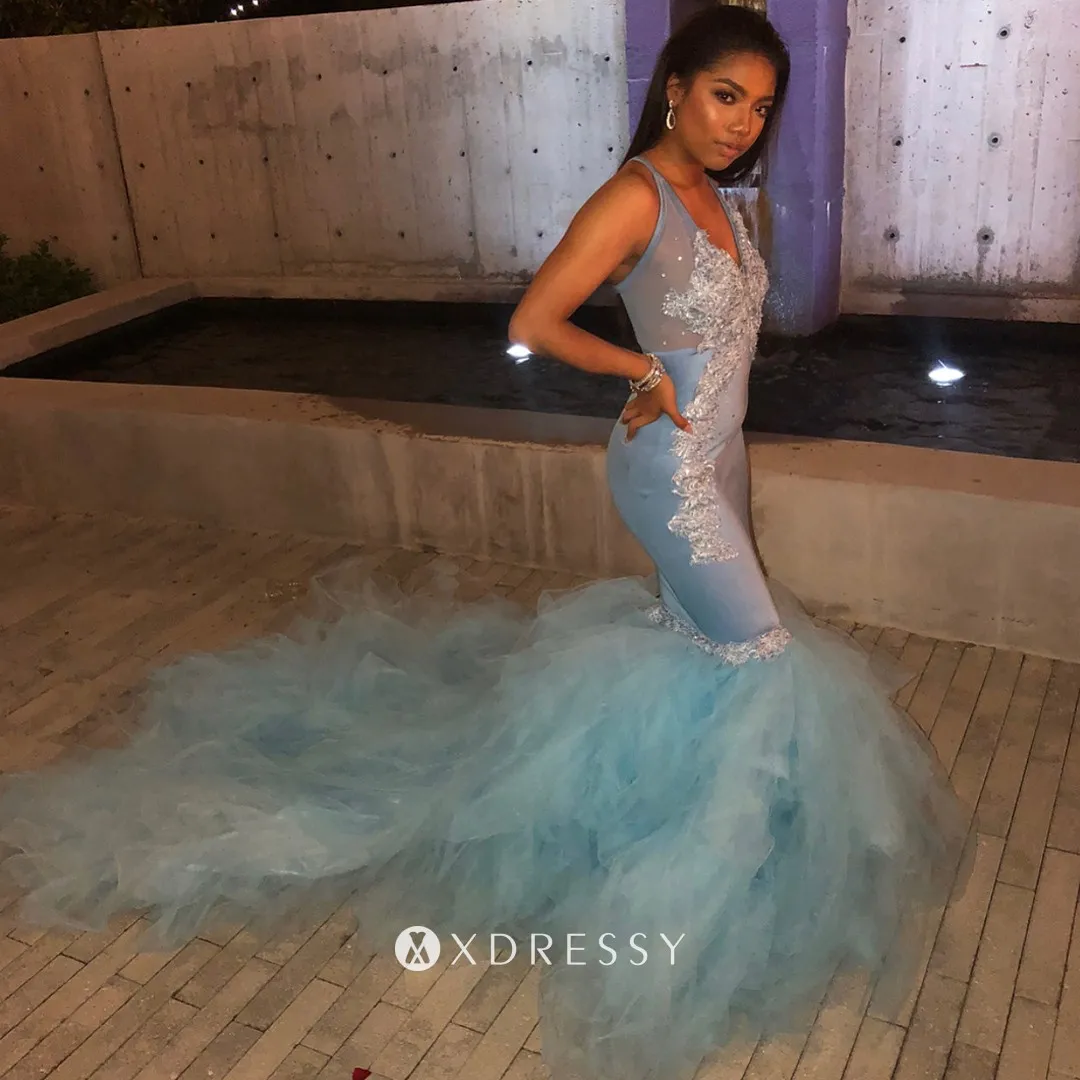 Blue Lace Tulle Mermaid Long Train Prom Dress Xdressy