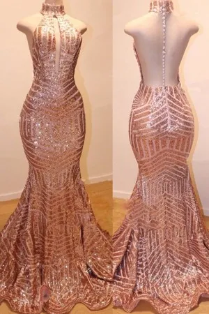 rose gold sequin high neck backless prom dress