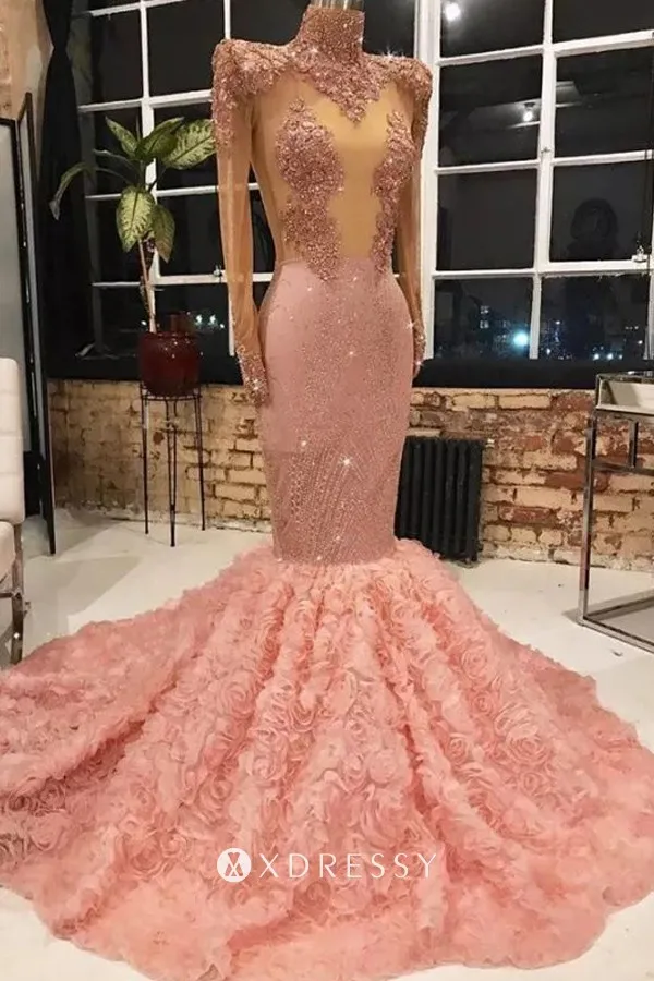 peach pink illusion lace 3D rose sleeved prom gown peach pink illusion lace 3D rose sleeved prom gown