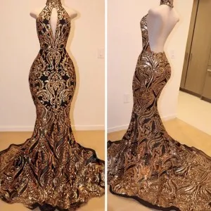 high neck backless gold sequin black prom dress