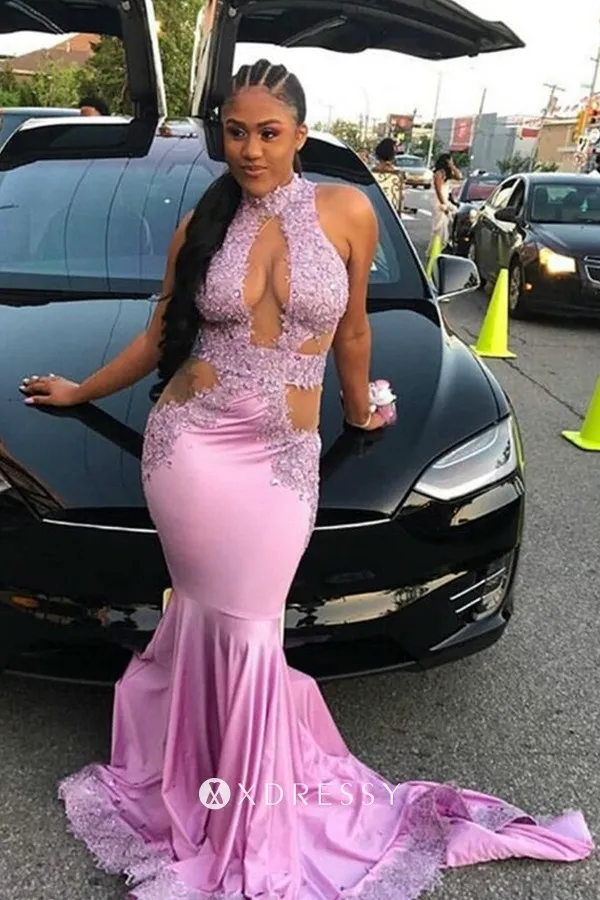 sleeveless high neck cut outs lilac lace satin prom dress sleeveless high neck cut outs lilac lace satin prom dress