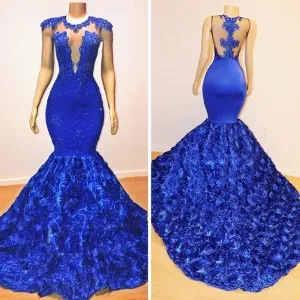 royal blue lace 3D rose cap sleeve trumpet prom dress