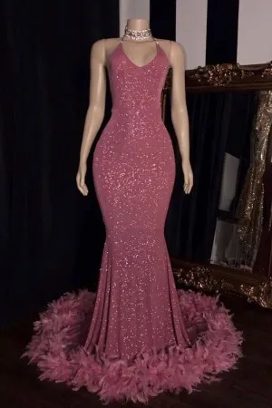 glitter feather halter V neck mermaid prom dress