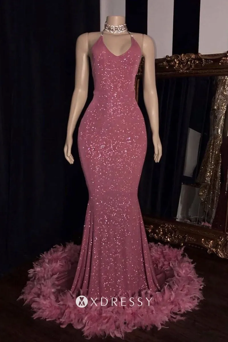 glitter feather halter V neck mermaid prom dress glitter feather halter V neck mermaid prom dress