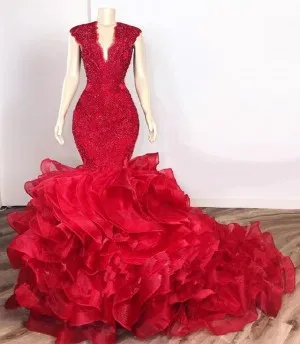 beaded lace flanged organza cap sleeve trumpet prom dress
