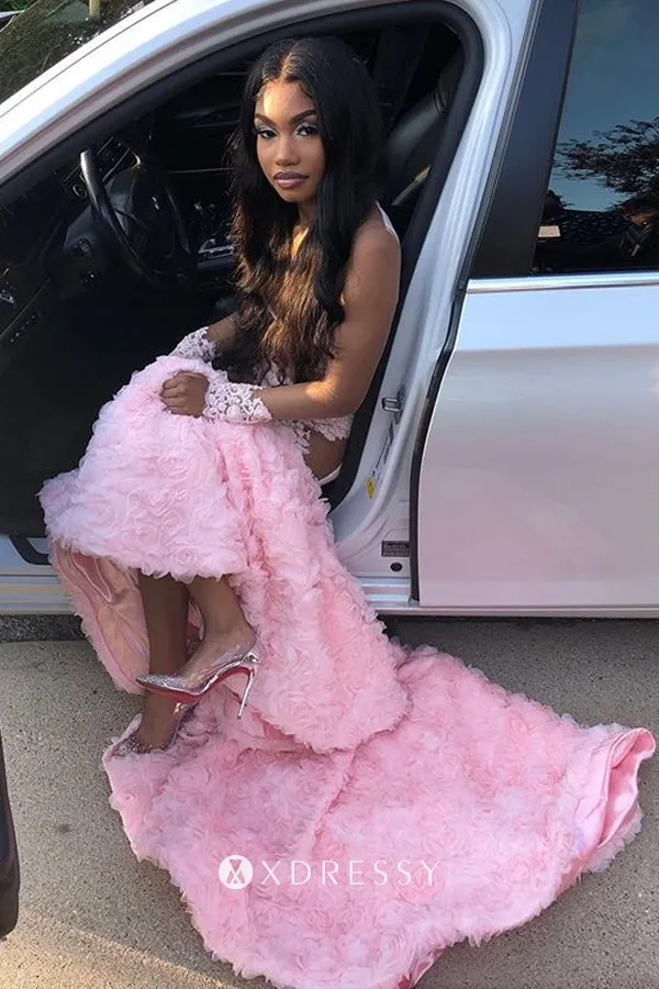 3D rose pink transparent lace mermaid prom dress 3D rose pink transparent lace mermaid prom dress