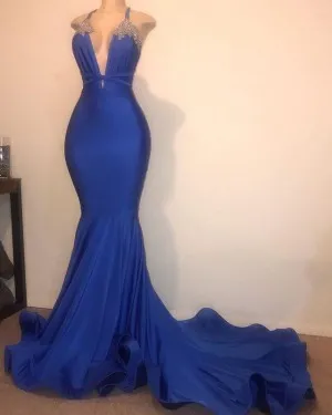 blue spandex mermaid prom dress with long train