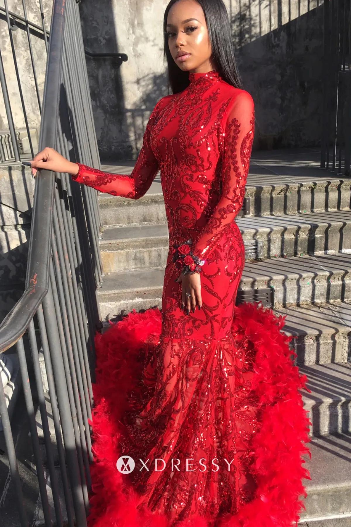 red sequin feather dress