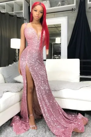 pink sequin sweetheart neck slit mermaid prom gown