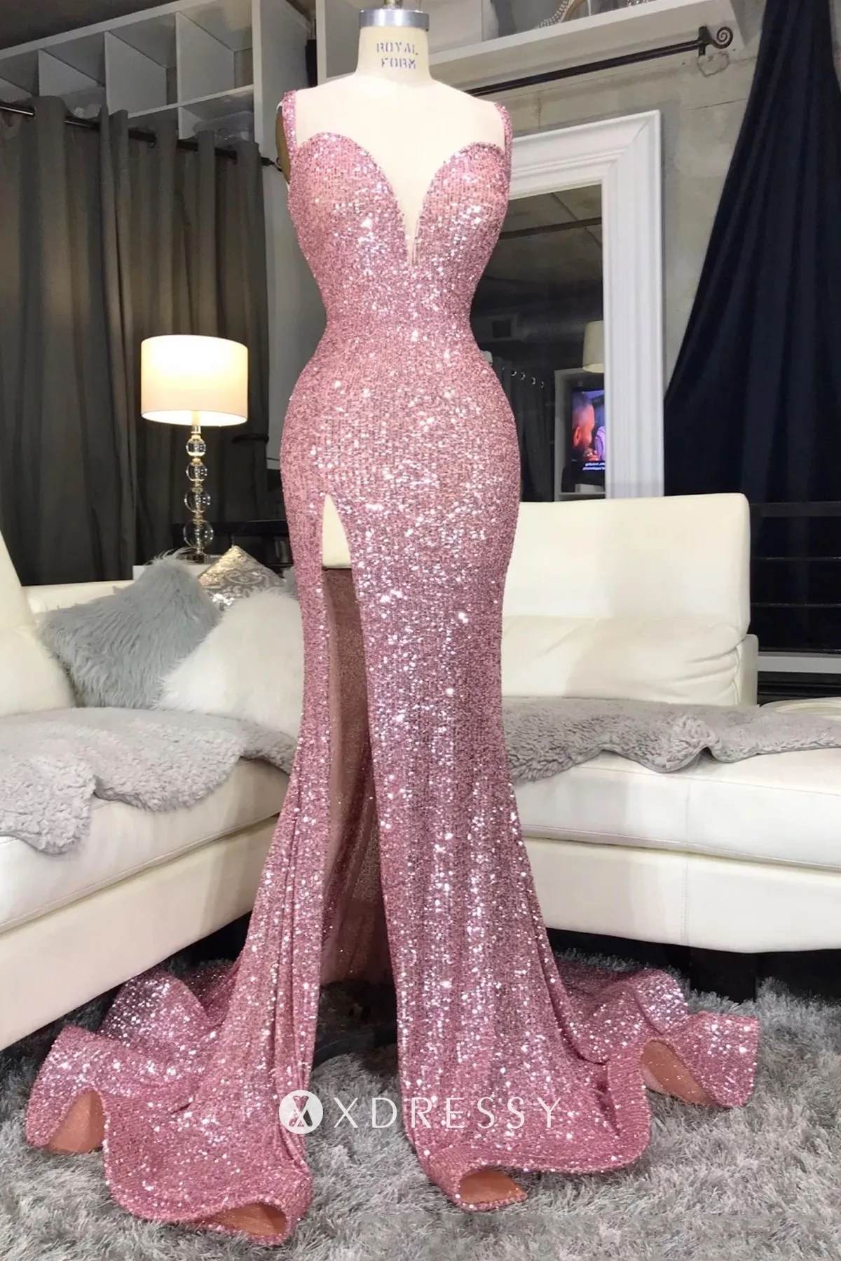 sparkly pink sequin sweetheart neck slit mermaid prom gown sparkly pink sequin sweetheart neck slit mermaid prom gown