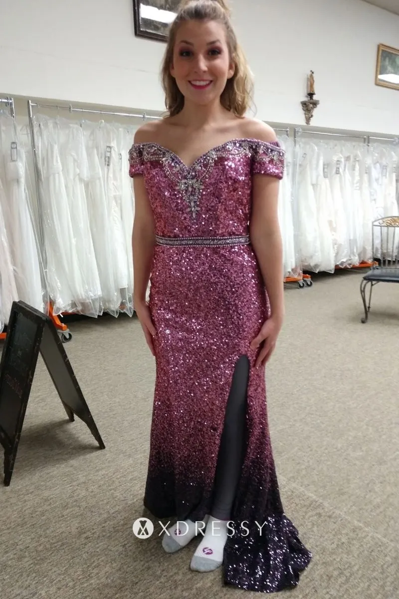 beaded magenta to eggplant sequin slit prom dress beaded magenta to eggplant sequin slit prom dress