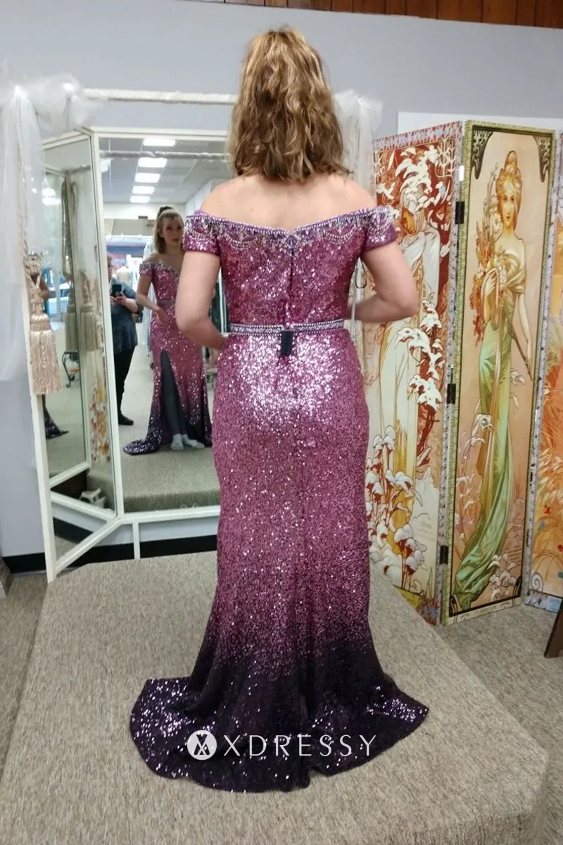 beaded off the shoulder magenta to eggplant sequin prom dress beaded off the shoulder magenta to eggplant sequin prom dress