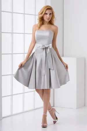 knee length strapless silver satin cocktail dress