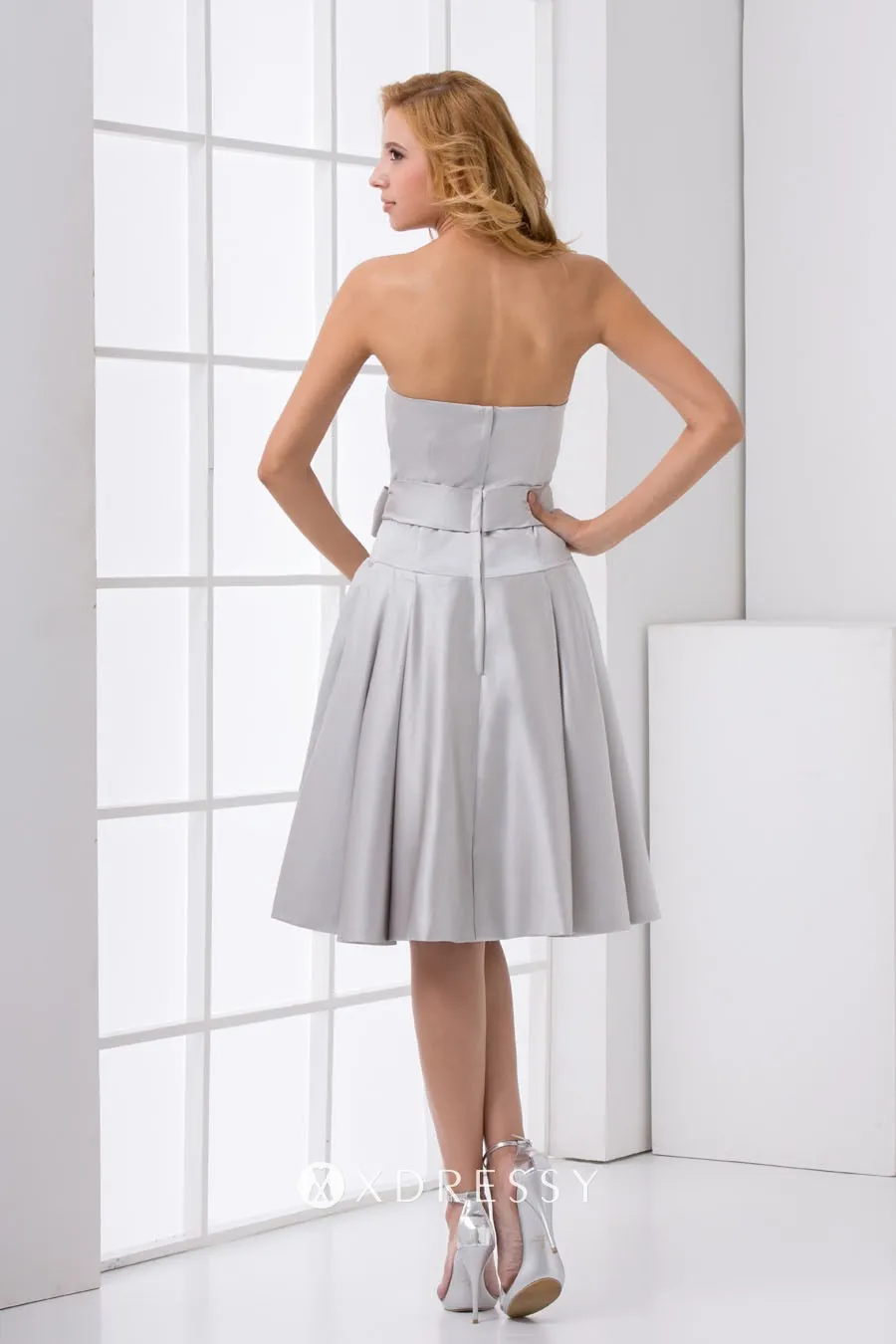 loq back knee length strapless silver satin cocktail dress