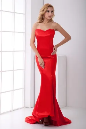 red shiny satin scalloped strapless slim prom gown