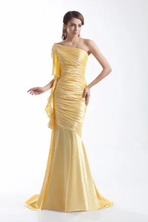 one shoulder mango yellow ruched ruffled prom gown