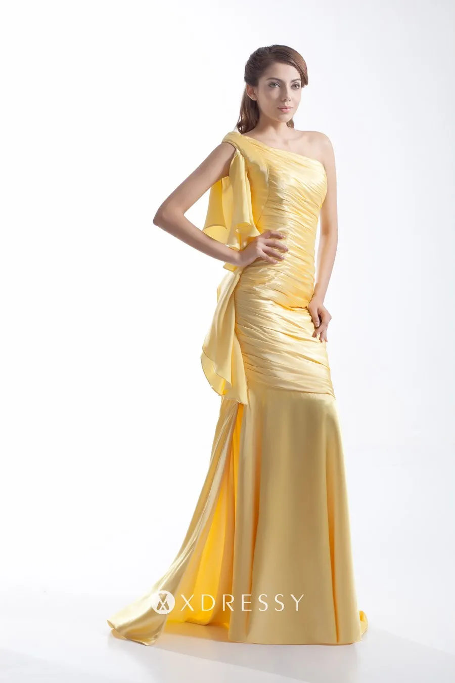 ruched ruffled one shoulder mango yellow prom gown