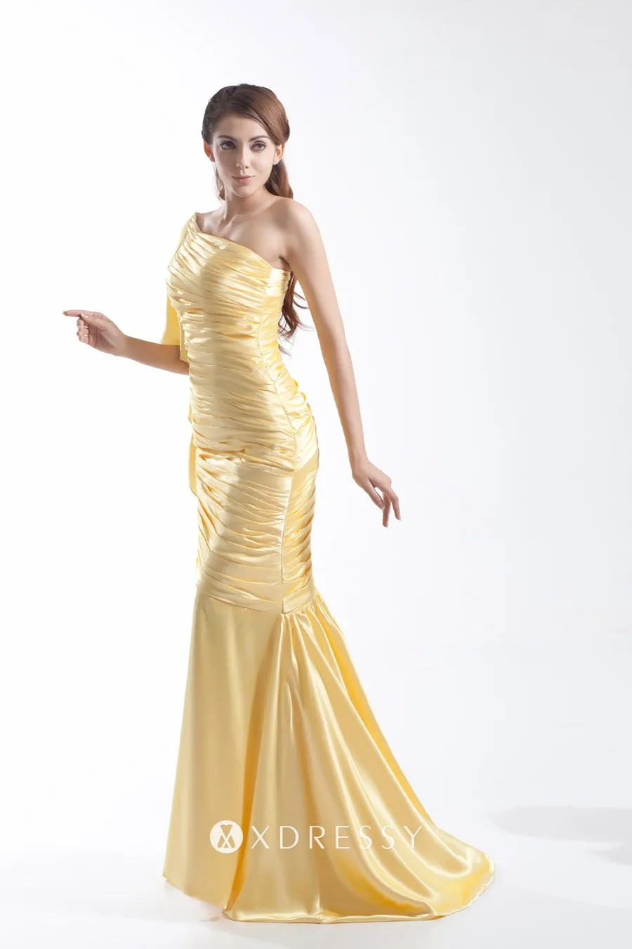 ruffled ruched one shoulder mango yellow mermaid prom gown