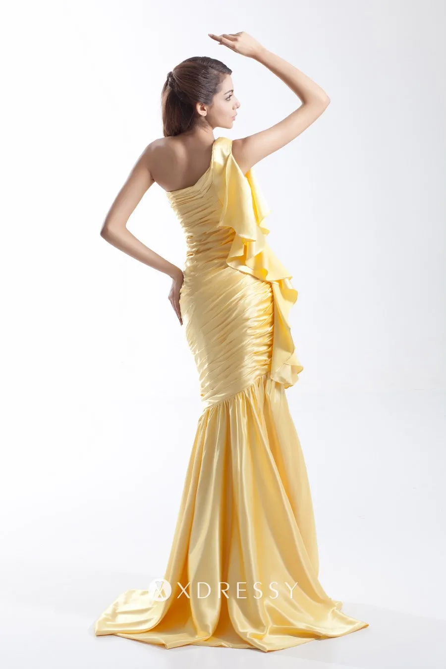 short train one shoulder mango yellow ruched ruffled prom gown
