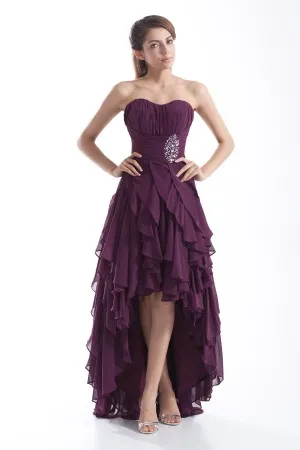 strapless high low ruffled purple unique prom gown