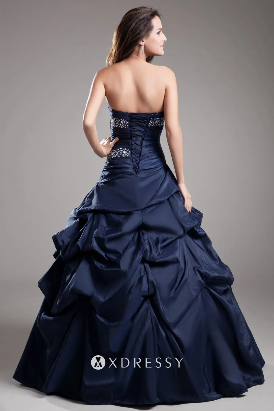 low back beaded navy pick up skirt Quinceaera ball gown low back beaded navy pick up skirt Quinceaera ball gown