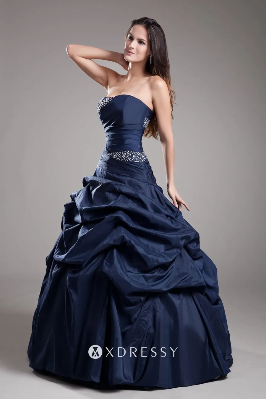 strapless beaded navy pick up skirt Quinceaera ball gown strapless beaded navy pick up skirt Quinceaera ball gown