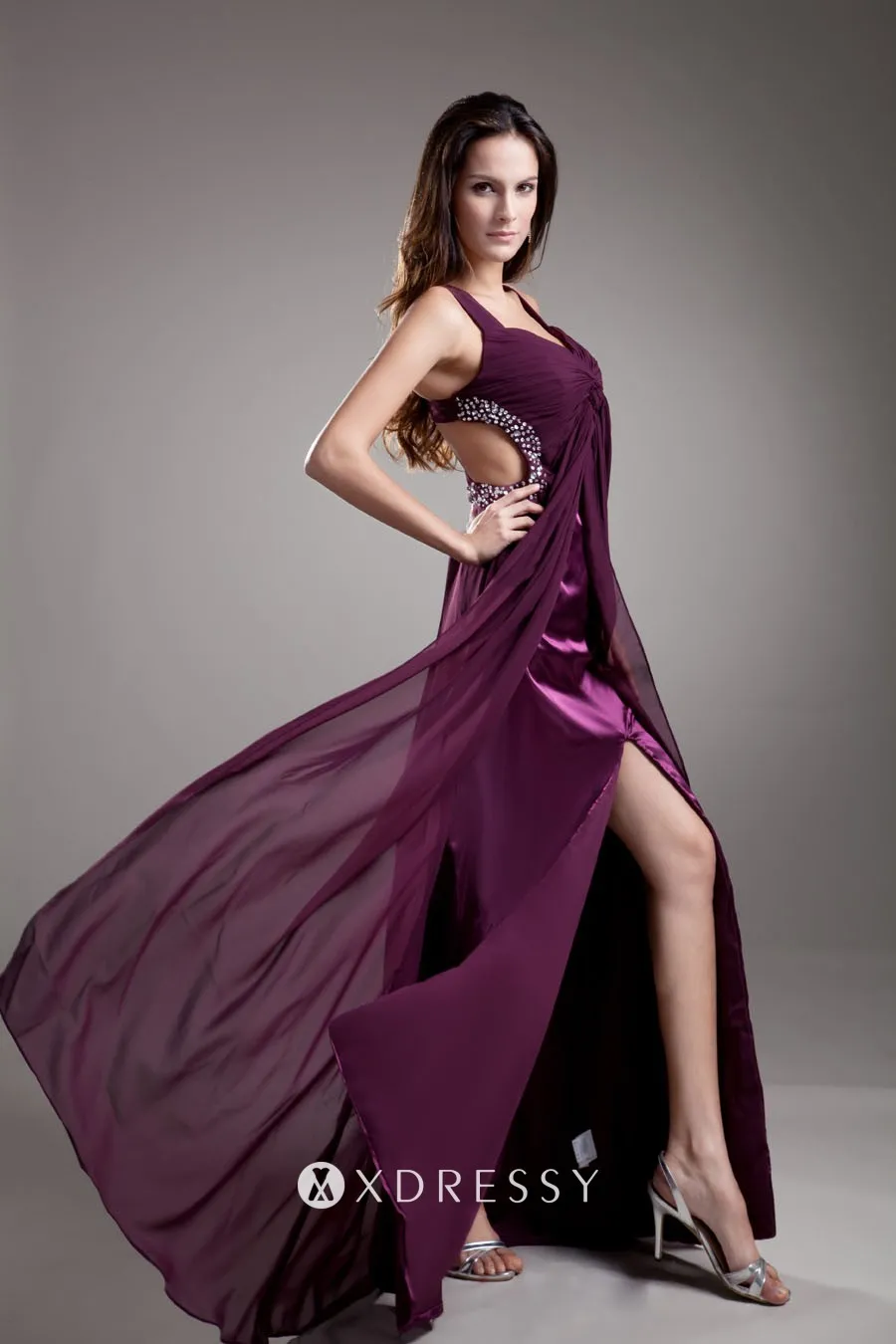 beaded cut out plum chiffon high split prom dress