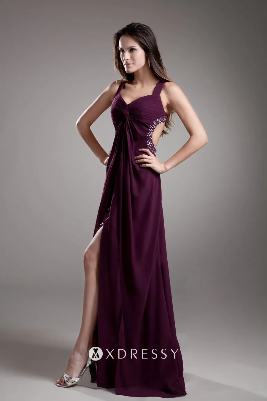 high split plum chiffon beaded cut out prom dress