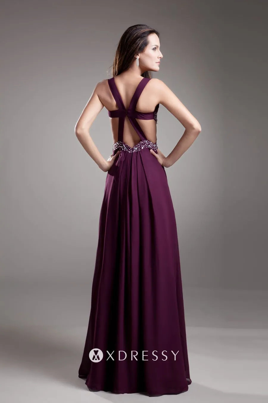 low back with straps plum chiffon high split beaded cut out prom dress